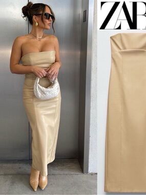 Zara Strapless Faux-Leather Midi Dress in Beige